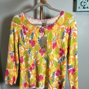 Sigrid Olsen Yellow Pink Tie Front 3/4 Sleeve Sweater